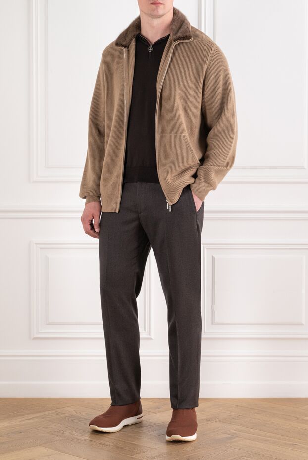 Men's beige knitted cardigan with a zipper - photo 2