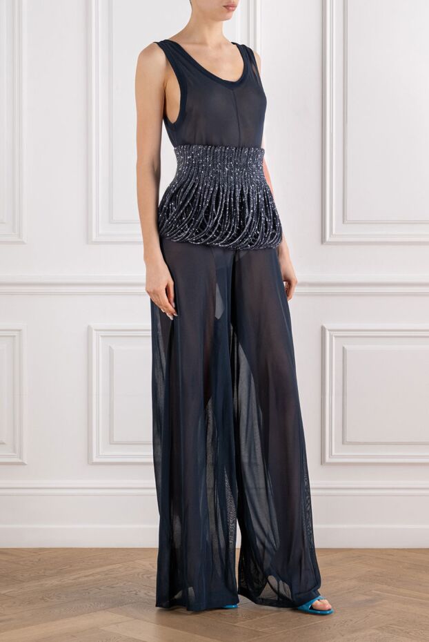 Dark blue silk jumpsuit with wide trousers and embroidered corset belt - photo 2