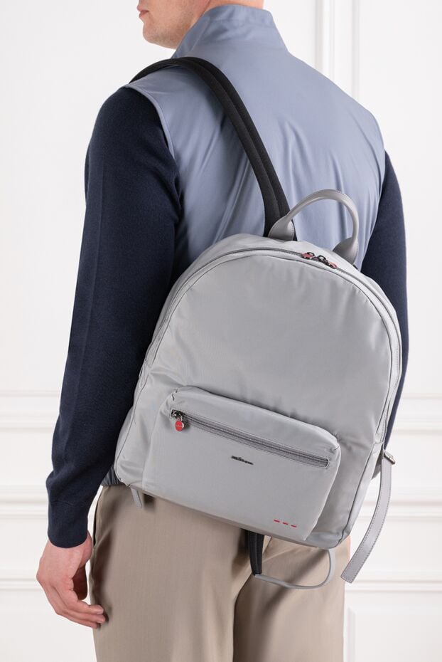 Kiton gray fabric backpack with leather handle and contrasting red stitching 195838 - photo 2