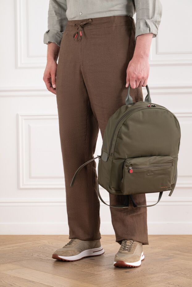 Kiton men's khaki-colored textile backpack with leather handles 195839 - photo 2