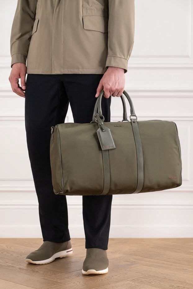 Kiton green textile travel bag with leather trim and red stitching 195846 - photo 2