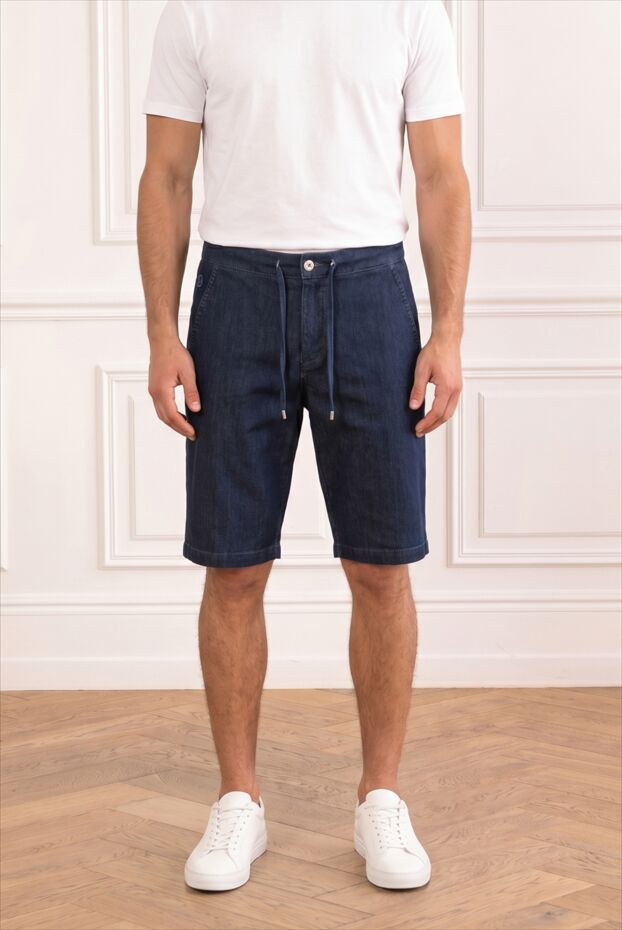 Dark blue Bermuda shorts in fine denim with adjustable drawstring - photo 1