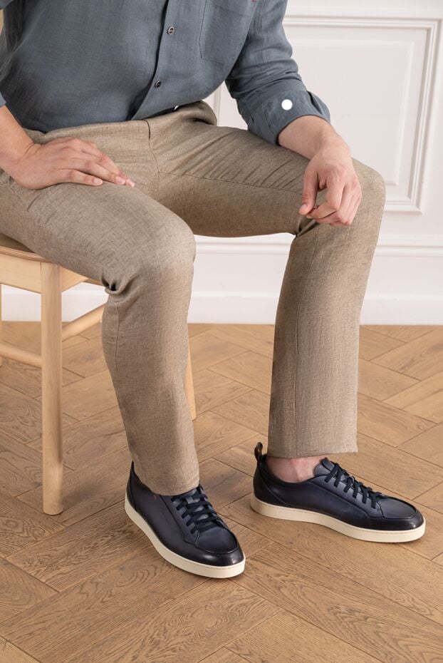 Santoni men's dark blue leather sneakers with a contrasting flat sole 196469 - photo 2