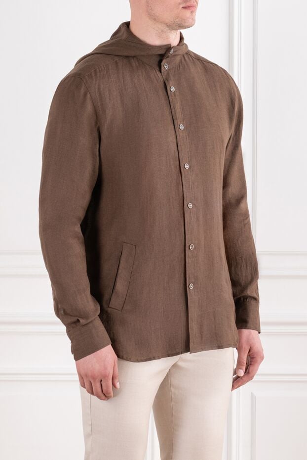 Kiton men's bright blue linen hoodie shirt with red buttons 196475 - photo 2