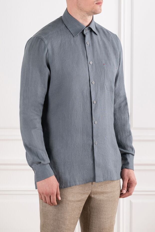 Kiton sage blue linen shirt with chest pocket and signature scarlet stitching 196478 - photo 2