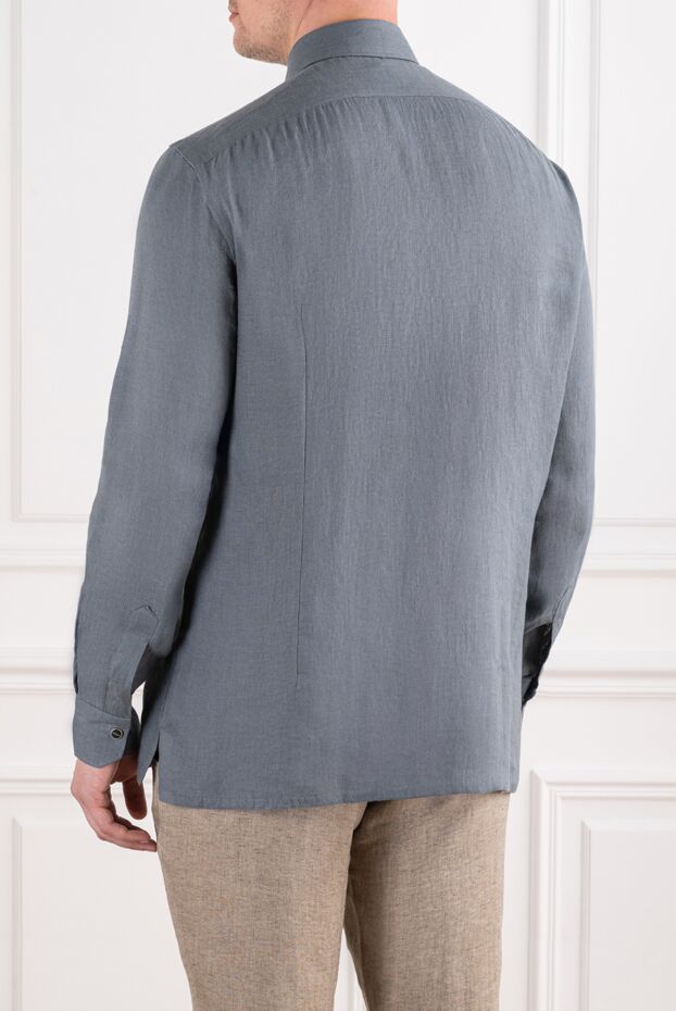 Kiton sage blue linen shirt with chest pocket and signature scarlet stitching 196478 - photo 3