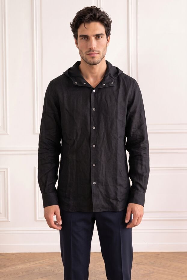 Kiton men's black linen hoodie shirt with buttons 196480 - photo 1