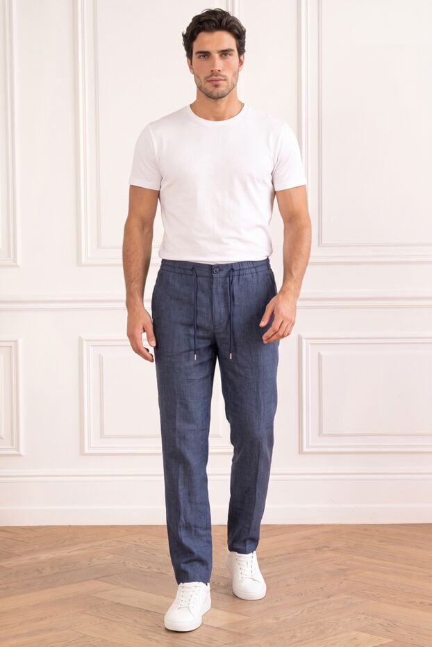 Lightweight blue wool and linen trousers with a drawstring waistband - photo 1