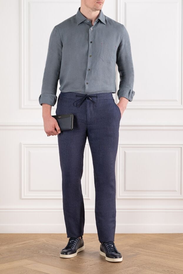 Lightweight blue wool and linen trousers with a drawstring waistband - photo 2