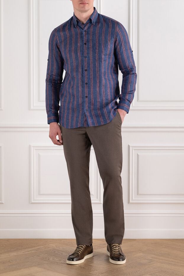 Zilli stormy sky linen shirt with vertical terracotta stripes 196680 - photo 2