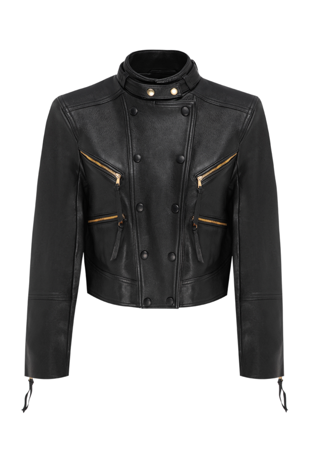Balmain cropped black leather biker jacket with buttons and gold zippers 196739 - photo 1