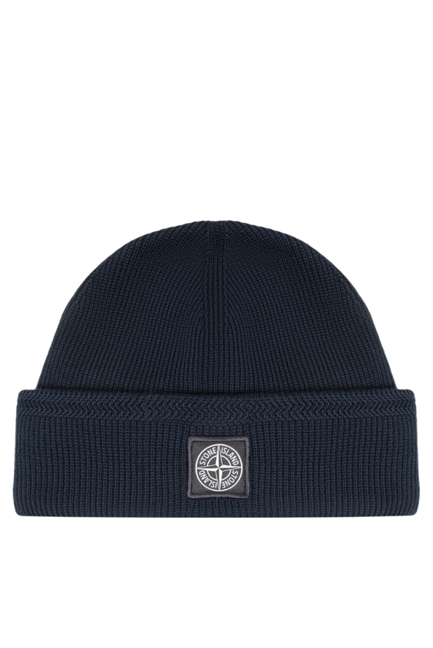 Stone Island navy blue ribbed knit hat with a patterned brim 196793 - photo 1