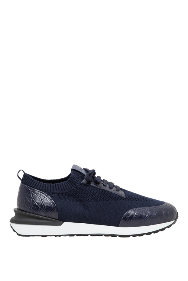 Zilli men's blue knit sneakers with crocodile leather inserts 197429 - photo 1