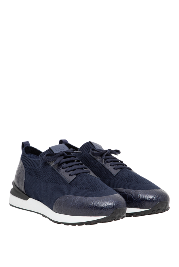 Zilli men's blue knit sneakers with crocodile leather inserts 197429 - photo 3
