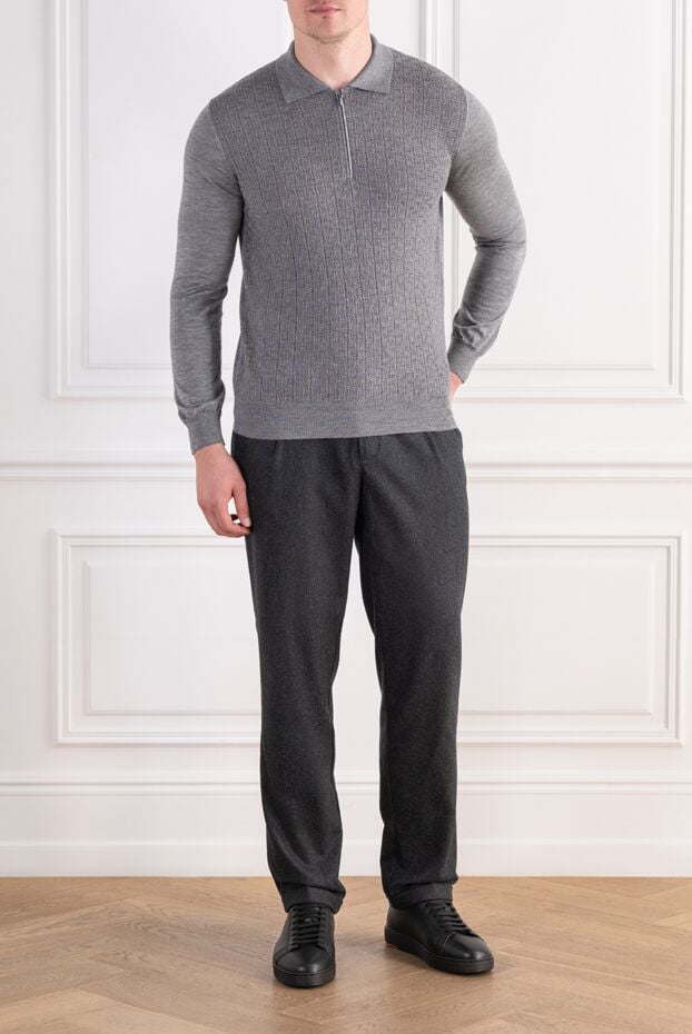 Zilli gray cashmere long sleeve polo shirt with crocodile trim 197434 - photo 2