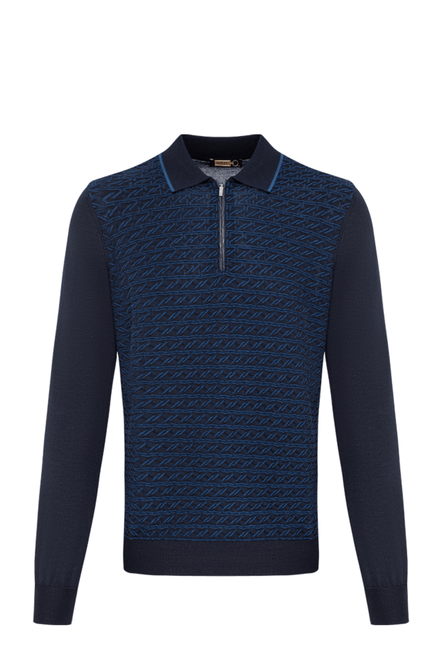 Zilli navy blue cashmere and silk long sleeve polo with textured cables 197437 - photo 1
