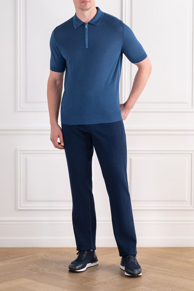 Zilli blue polo shirt with a raised pattern and crocodile leather trim 197440 - photo 2