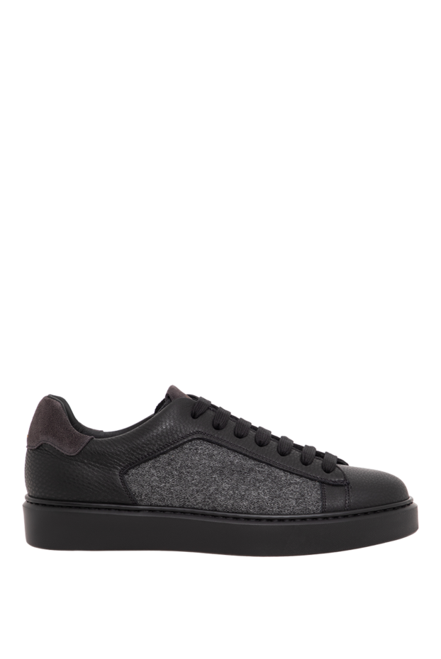 Doucal`s men's black grained leather sneakers with grey wool panels 197565 - photo 1