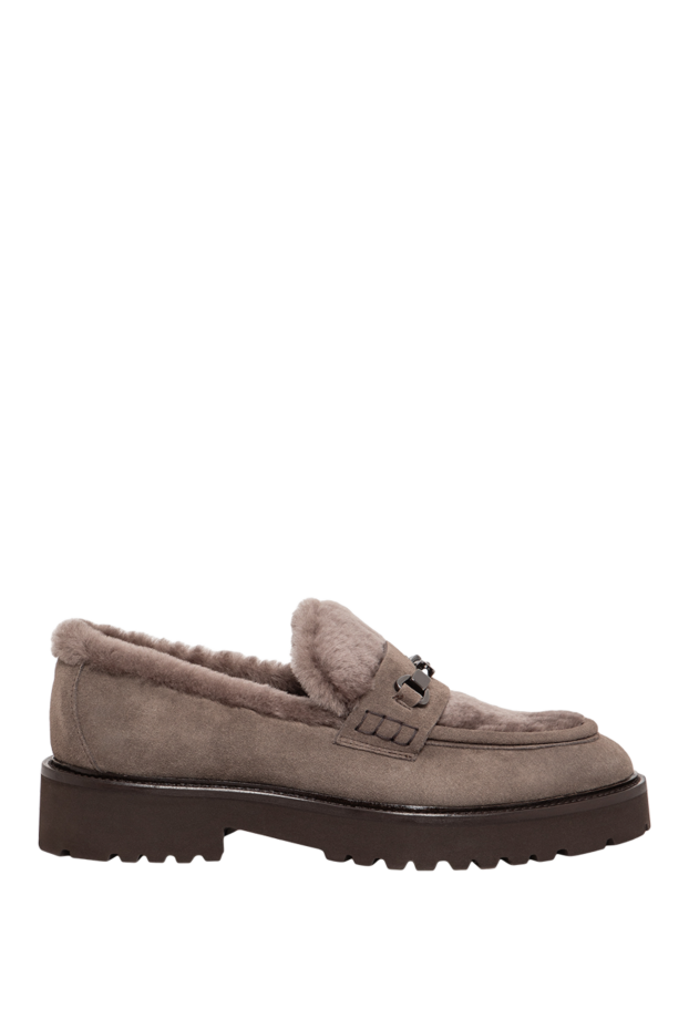 Women's taupe suede fur-lined loafers with a metal snaffle bit - photo 1