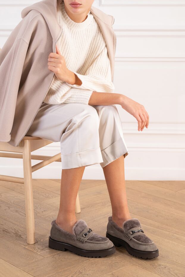 Women's taupe suede fur-lined loafers with a metal snaffle bit - photo 2