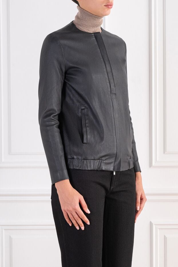 Flight black leather jacket with a straight cut and no collar 197668 - photo 3