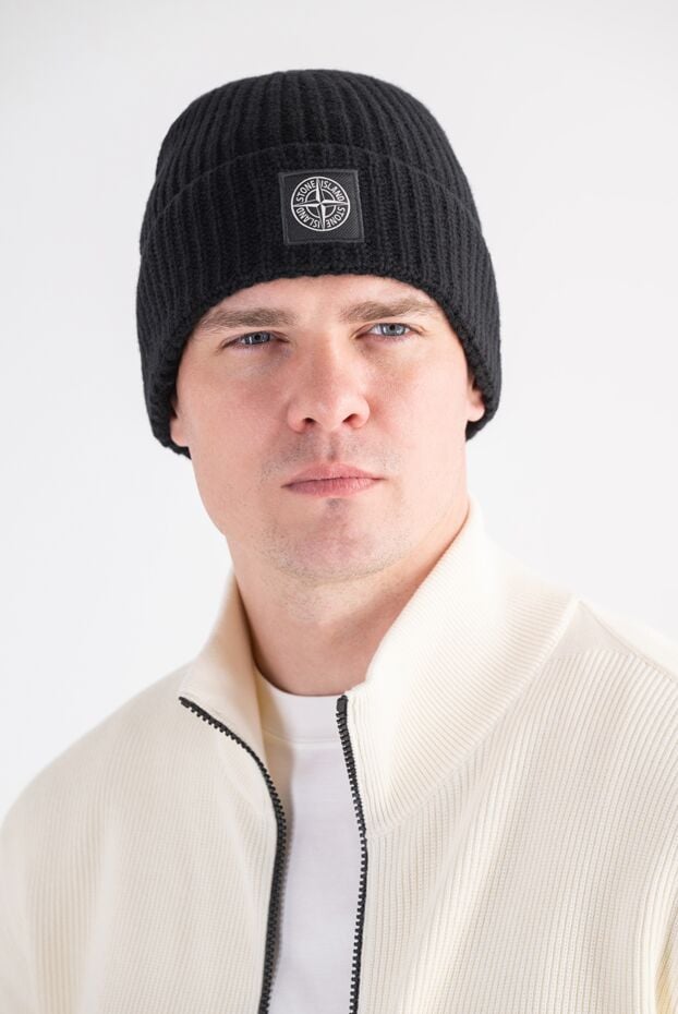 Stone Island black ribbed knit hat with compass logo patch 197754 - photo 2