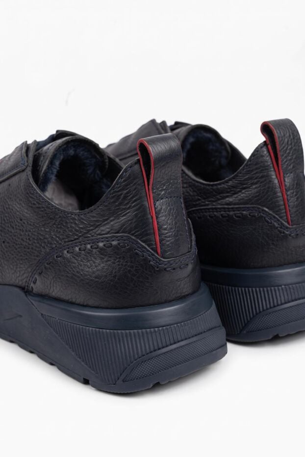Santoni men's dark blue leather sneakers with hidden lacing 197815 - photo 2