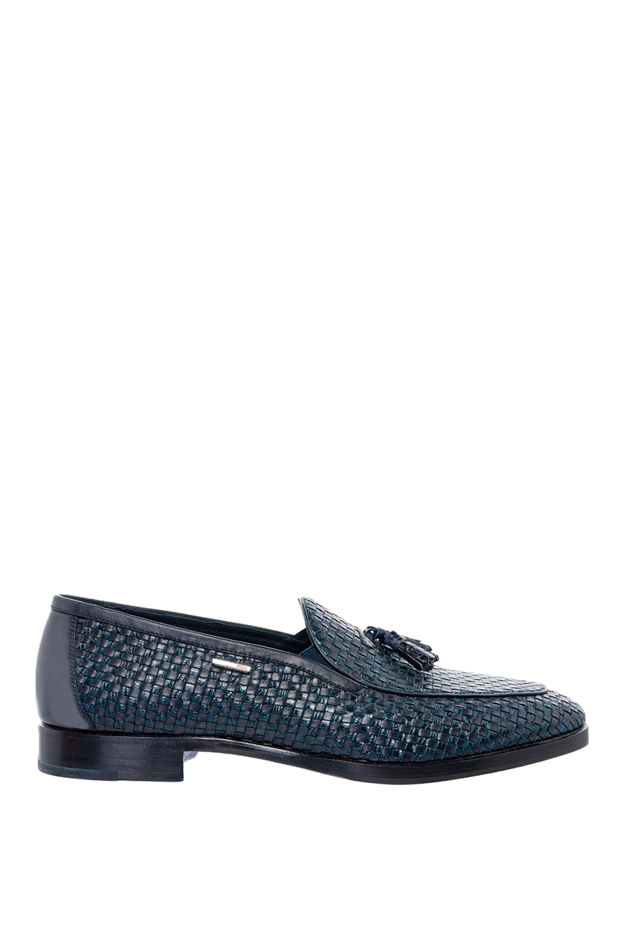 Braided leather loafers blue with tassels mens