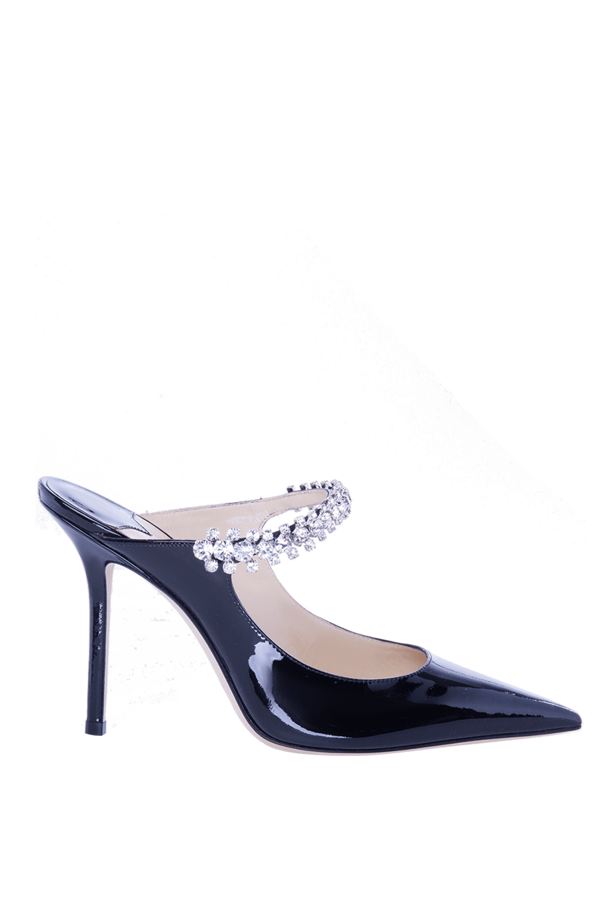 Women's black leather sandals with crystals on the clasp
