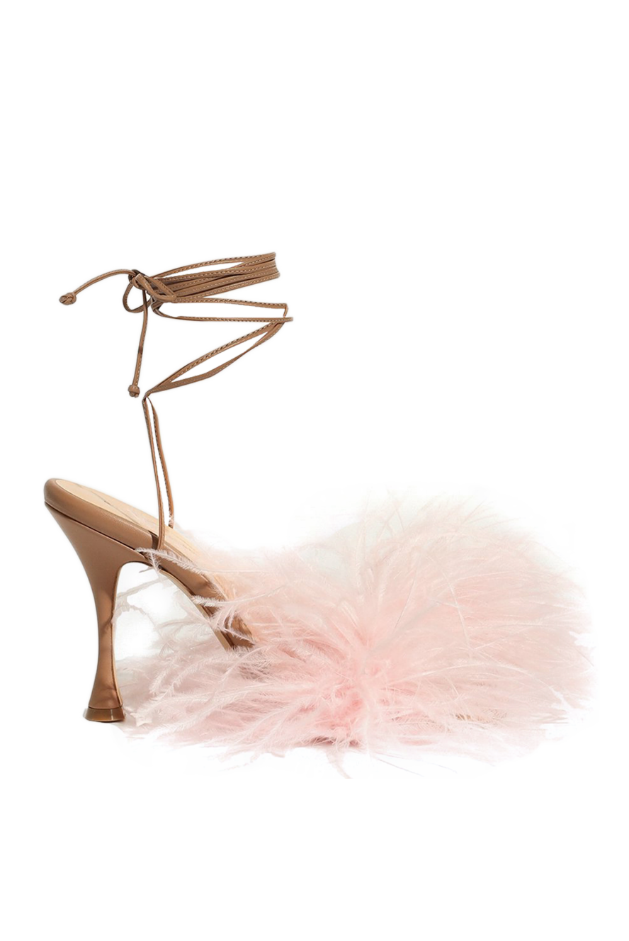 Women's leather sandals decorated with feathers, beige