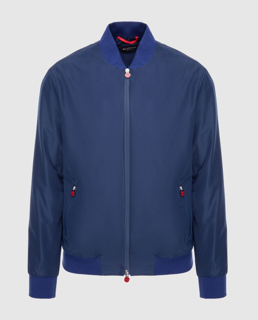 Men's blue bomber jacket with bright elastic inserts