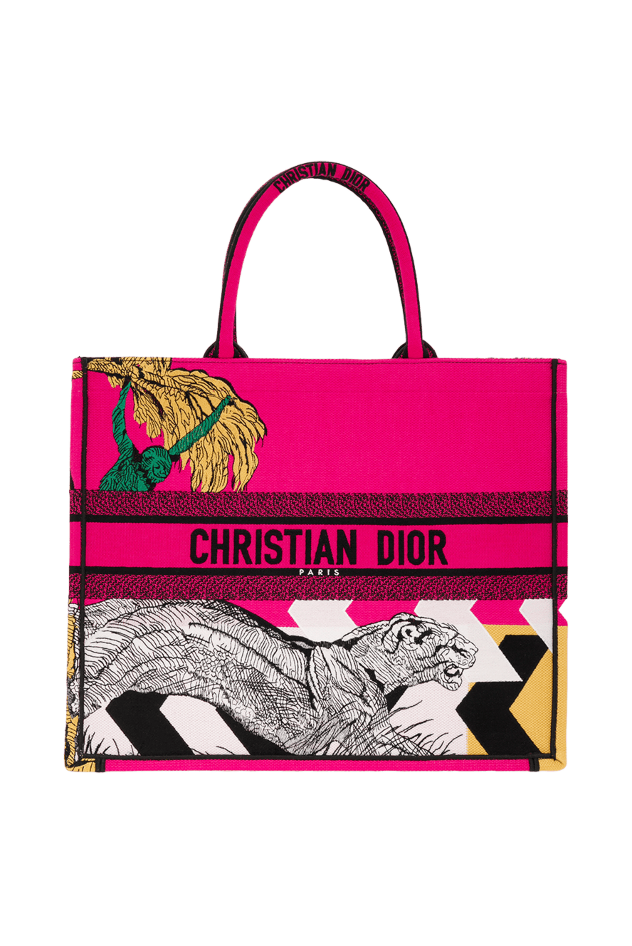 Dior сумка шоппер из хлопка розовая с фигурой тигра 187028 - фото 1