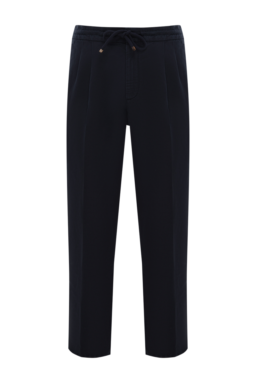Brunello Cucinelli men's navy blue linen cotton drawstring trousers with pleats 188794 - photo 1