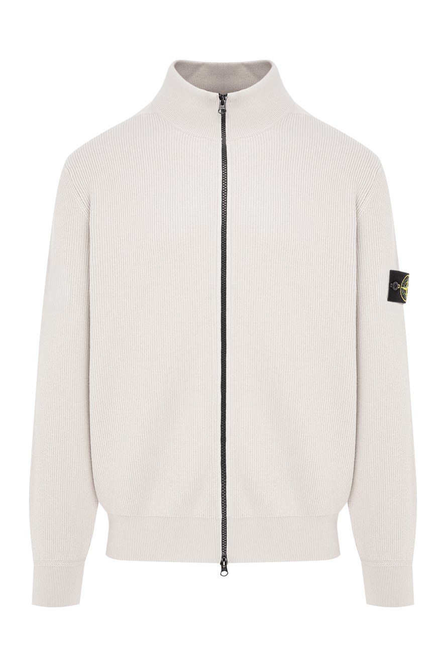 Stone Island в'язаний кардиган у рубчик світло-сірого кольору з патчем 197767 - фото 1