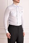 Dolce & Gabbana Men's blue cotton and linen shirt - two chest pockets. stripe pattern, logo. 43% cotton, 57% linen. Closure: buttons. Country of manufacture: Italy. Care: specialized cleaning - photo 3