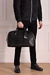 Black leather travel bag for men Billionaire - textured leather, logo. 100% alligator skin. Fastener: zipper. Country of manufacture: Italy. Care: specialized cleaning - photo 2