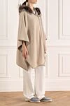 Peserico Poncho for women beige - fur on the hood. 80% wool, 20% polyamide, real fur. belt. two side pockets. Country of manufacture: Italy. Care: specialized cleaning - photo 3