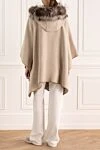 Poncho for women beige Peserico - fur on the hood. 80% wool, 20% polyamide, real fur. belt. two side pockets. Country of manufacture: Italy. Care: specialized cleaning - photo 4