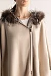 Peserico Poncho for women beige - fur on the hood. 80% wool, 20% polyamide, real fur. belt. two side pockets. Country of manufacture: Italy. Care: specialized cleaning - photo 5