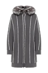 Panicale Gray coat for women - fur hood, contrasting stripes. 73% wool, 16% silk, 8% cashmere, 2% polyamide. Closure: zipper. two side pockets. Country of manufacture: Italy. Care: specialized cleaning - photo 1