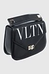 Valentino Women's black leather bag with white logo and flap with clasp - Decoration: chain, logo print. genuine leather. zipper, button. Country of manufacture: Italy. Care: specialized cleaning - photo 3