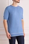 Cesare di Napoli Short sleeve jumper made of silk and cotton blue for men - Embossed pattern. Short sleeve. 55% silk, 45% cotton. Country of manufacture: Italy. Care: specialized cleaning - photo 3