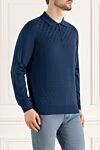 Cesare di Napoli Long-sleeved silk and cashmere polo blue for men - cage pattern. Long sleeve. 70% cashmere, 30% silk. Closure: Zipper. Country of manufacture: Italy. Care: specialized cleaning - photo 3