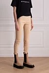 DROMe Women's leather pants in beige with a black waistband - Decoration: contrasting elastic belt. 100% leather. elastic belt. Country of manufacture: Italy. Care: specialized cleaning - photo 3