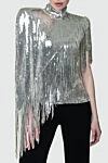 Balmain Women's blouse with fringe and high neck silver - silver, sequins, fringe, high neck. secret lock, button. polyester, elastane. Country of manufacture: Italy. Care: specialized cleaning - photo 3