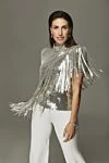 Women's blouse with fringe and high neck silver Balmain - silver, sequins, fringe, high neck. secret lock, button. polyester, elastane. Country of manufacture: Italy. Care: specialized cleaning - photo 6