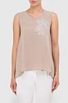 Peserico Women's silk blouse with floral embroidery beige - contrasting flower embroidery, asymmetrical bottom. silk, elastane. button. Country of manufacture: Italy. Care: specialized cleaning - photo 3