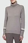 Tonet Gray jumper for women - high neck, contrasting stripes on the sleeves. 70% wool, 20% silk, 10% cashmere. Country of manufacture: Italy. Care: specialized cleaning - photo 3