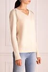 Rocco Ragni Beige jumper for women - V-neckline, contrast stripes on the shoulders. 47% wool, 30% viscose, 13% polyamide, 10% cashmere. Country of manufacture: Italy. Care: specialized cleaning - photo 3