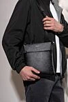 Serapian Shoulder bag made of genuine leather black for men - Textured leather, brand logo. Adjustable strap. 100% genuine leather. Two compartments. Closure: Zipper. Country of manufacture: Italy. Care: specialized cleaning - photo 7